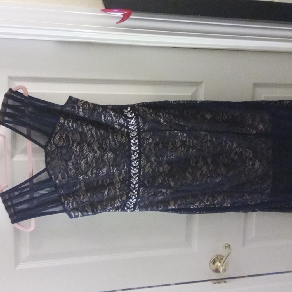 Vintage Lace Gown Dark/navy blue with khaki under dress. SIZE 12